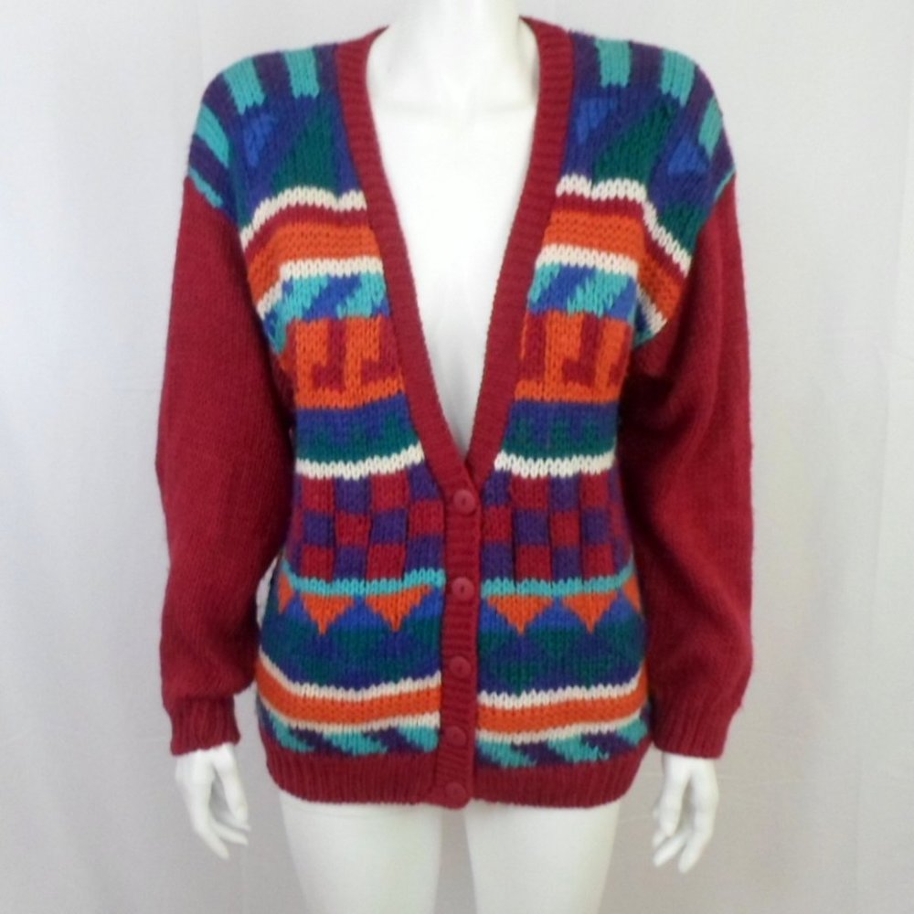 Vintage Center Aisle Red Aztec Geo Cardigan Sweater Button Up Long Sleeve